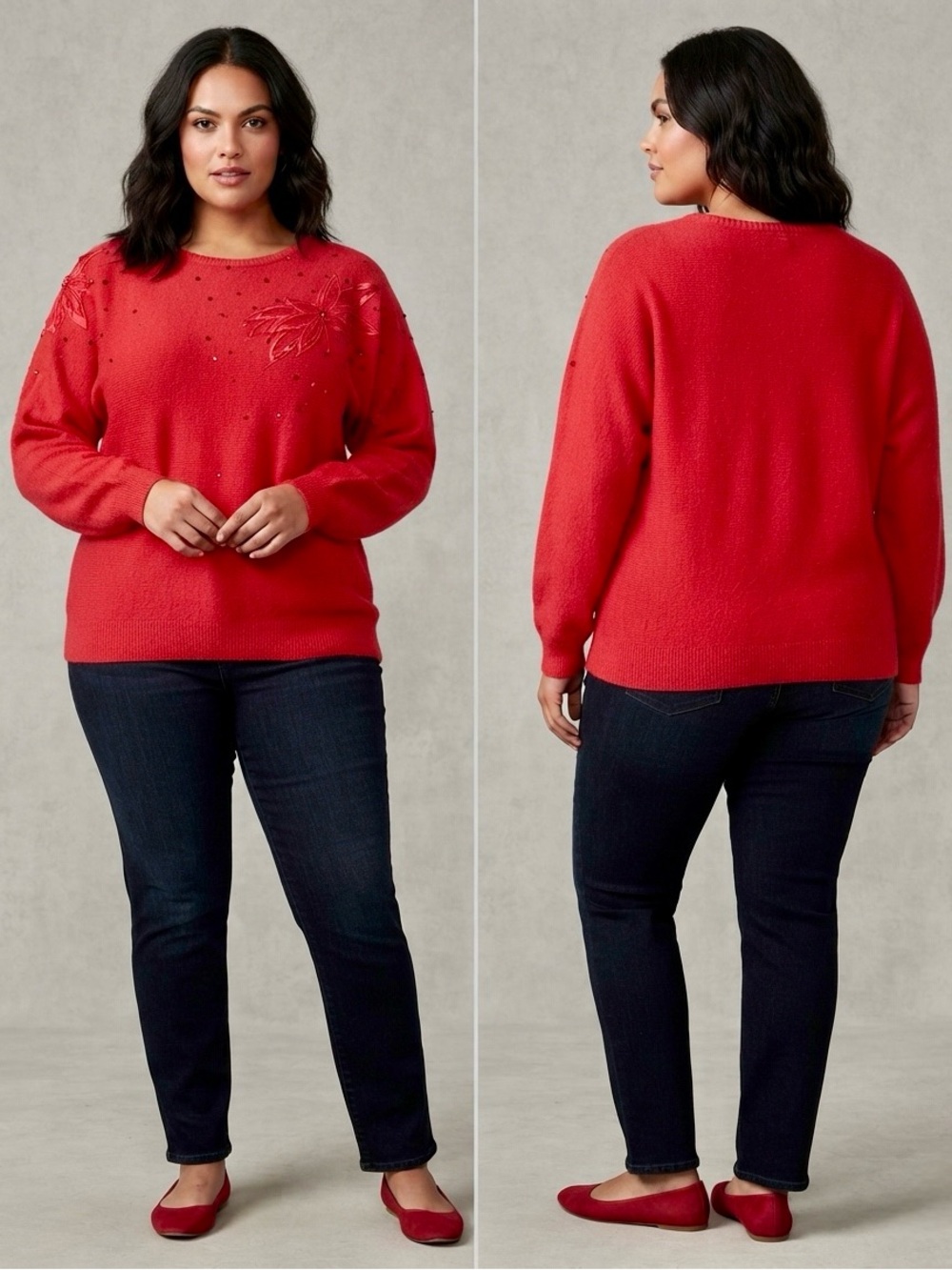 Vintage Bubbles International Red Sequin & Floral Appliqué Sweater - Size 42 (L)